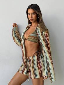 Aloruh 女款新款條紋寬鬆襯衫短褲套裝，休閒度假穿搭，百搭泳裝女式泳衣女款海灘穿搭女款海灘套裝女款海灘裝女款海灘裝女款海灘裝女款海灘裝女款優雅海灘泳裝海灘時尚女款罩衫海灘罩衫女款海灘罩衫女款罩衫泳裝女款海灘罩衫優雅女款海灘罩衫 - 彩色 - 查看 4