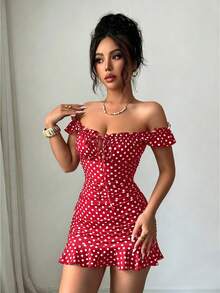 VaVaBold Vestido ajustado con estampado de lunares y volantes en el bajo - Burdeos - Ver 3