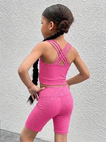 SHEIN 2件套女童纯色针织吊带背心和短裤运动服套装 - 玫紅色 - 查看 3