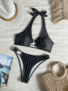 Swim Basics 女士热带波点印花两件套比基尼套装，假日休闲 - 黑與白 - 查看 5