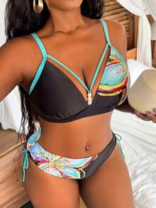 Slaydiva Plus Size Contrast Color Summer Beach Bikini Set - Multicolor - View 4