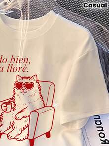 Camiseta de manga corta con cuello redondo para mujer, estampado gráfico divertido de un gato tabby con cinta adhesiva, estilo minimalista, informal, para uso diario. - Gris - Ver 3