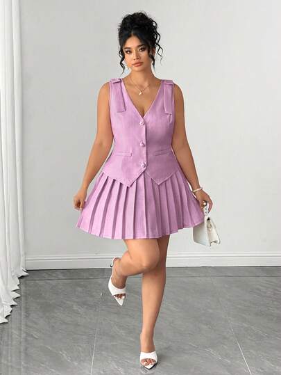 Elenzga Plus Size Women's New Pink V-Neck Bow Decor Pearl Button Front Sleeveless Top And Pleated Skirt Set