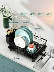 1pc Dish Drying Rack With Cutlery Holder, Space-Saving Kitchen Countertop Dish Drainer Rack, High-Quality Kitchen Storage Organizer - Black - View 2