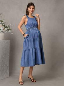 SHEIN Maternity Autumn Casual Vacation Commute Maternity Photoshoot Cinched Waist Denim Dress Dusty Blue - Medium Wash - View 4