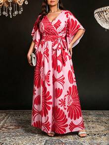 Clasi Vestido de mujer talla grande con cuello en V, mangas acampanadas con lazo y abertura - Rosa Fucsia - Ver 7