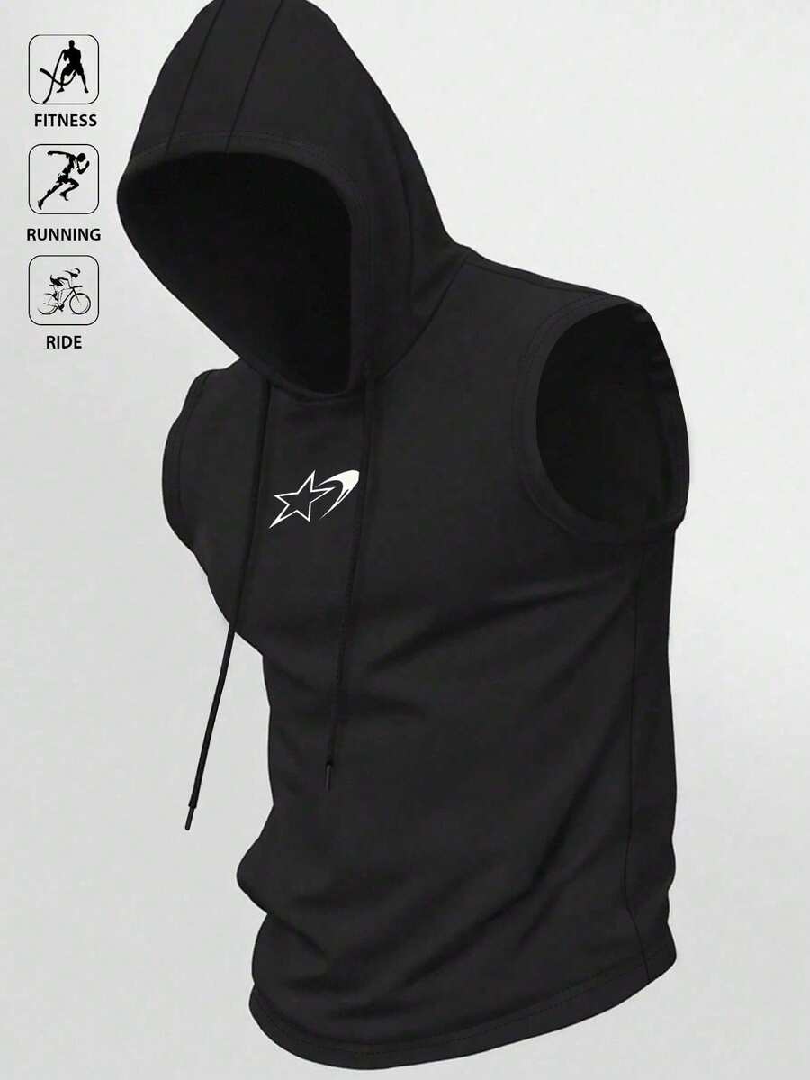 Acti Log Áo tank top thể thao nam có mũ trùm đầu, in hình ngôi sao, dây rút - màu đen - Xem 1