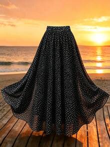 Modelyn Plus Size Women's Elegant Polka Dot Chiffon Skirt, Suitable For Commuting Fall - Black - View 2