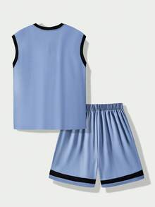SHEIN Casuvi Kids 男童休闲运动日常穿着套装，包括圆领宽松字母印花短袖T恤和松紧腰宽松字母印花短裤，夏季男童篮球服 - 霧霾藍 - 查看 2