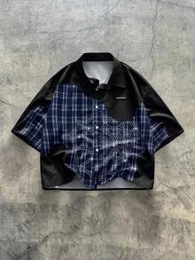 AXEPEAK Plus Size Men's Casual Shirt With Rhinestone Spider Web & Plaid Patchwork, Short Sleeve - Multicolor - View 6