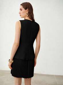 MOTF PREMIUM VESTIDO SIN MANGAS CON CUELLO EN V, BAJO PLISADO Y DECORACIÓN DE BOTONES, ELEGANTE Y DE MODA, ADECUADO PARA EL TRABAJO, PRIMAVERA/VERANO - Negro - Ver 2