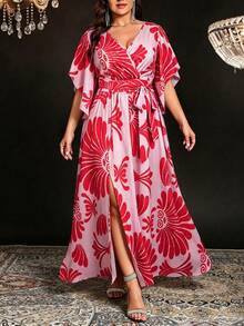 Clasi Vestido de mujer talla grande con cuello en V, mangas acampanadas con lazo y abertura - Rosa Fucsia - Ver 4
