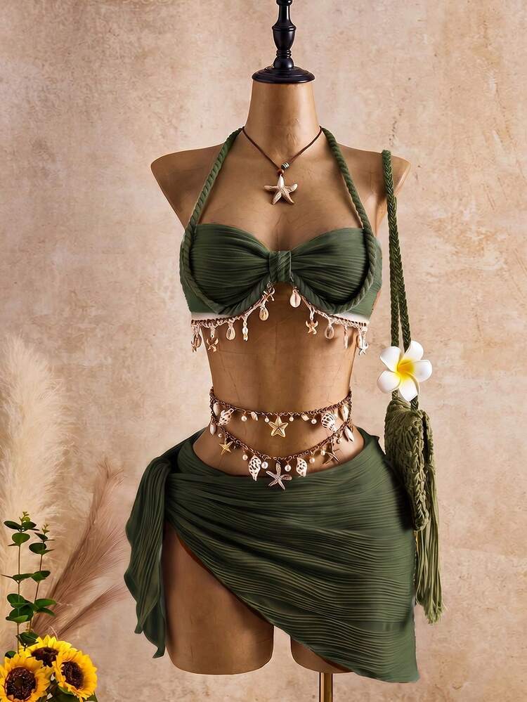 Bellisia Bộ đồ bơi nữ thời trang màu be họa tiết sóng với trang trí vỏ sò & ngôi sao, phù hợp cho mùa xuân, mùa hè và mùa thu - Màu xanh lá cây đậm - Xem 1