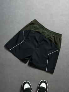 Manfinity ZONE917 Men's Contrast Color Patchwork Letter Print Drawstring Waist Shorts, Holiday - Army Green - View 2