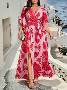 Clasi Vestido de mujer talla grande con cuello en V, mangas acampanadas con lazo y abertura - Rosa Fucsia - Ver 3