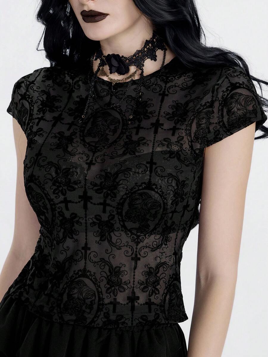 Breakform Lässiges, transparentes, sexy Kurzarm T-Shirt mit Blume Muster - Schwarz - Übersicht 1