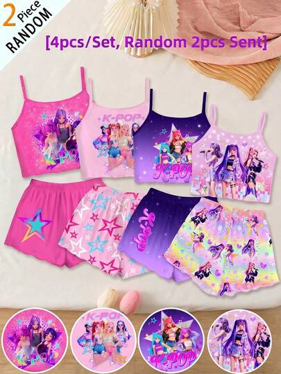 SHEIN [4pcs/Set, Random 2pcs Sent]! Surprise Box !!!! Young Girl's New Fashionable Cute Cartoon K-POP Girl Print Artoon Girl Dopamine Colorful Ombre Casual Minimalist Camisole Top And Shorts Set, Suitable For Summer Kids Sleepwear Girls Two Pieces For Girls Girl Summer Sets Cartoon Print Set