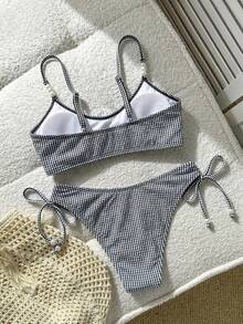 Swim Mod 女童条纹吊带背心式泳衣上装和V领比基尼泳裤套装（2件套） - 黑與白 - 查看 2