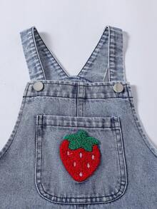 SHEIN Playful Pals 女童休闲百搭牛仔背带裤，复古浅蓝色牛仔布，饰有刺绣蝴蝶结，宽松直筒裤型，舒适棉质牛仔面料，适合日常外出穿着，时尚百搭。 - 紅色 - 查看 5