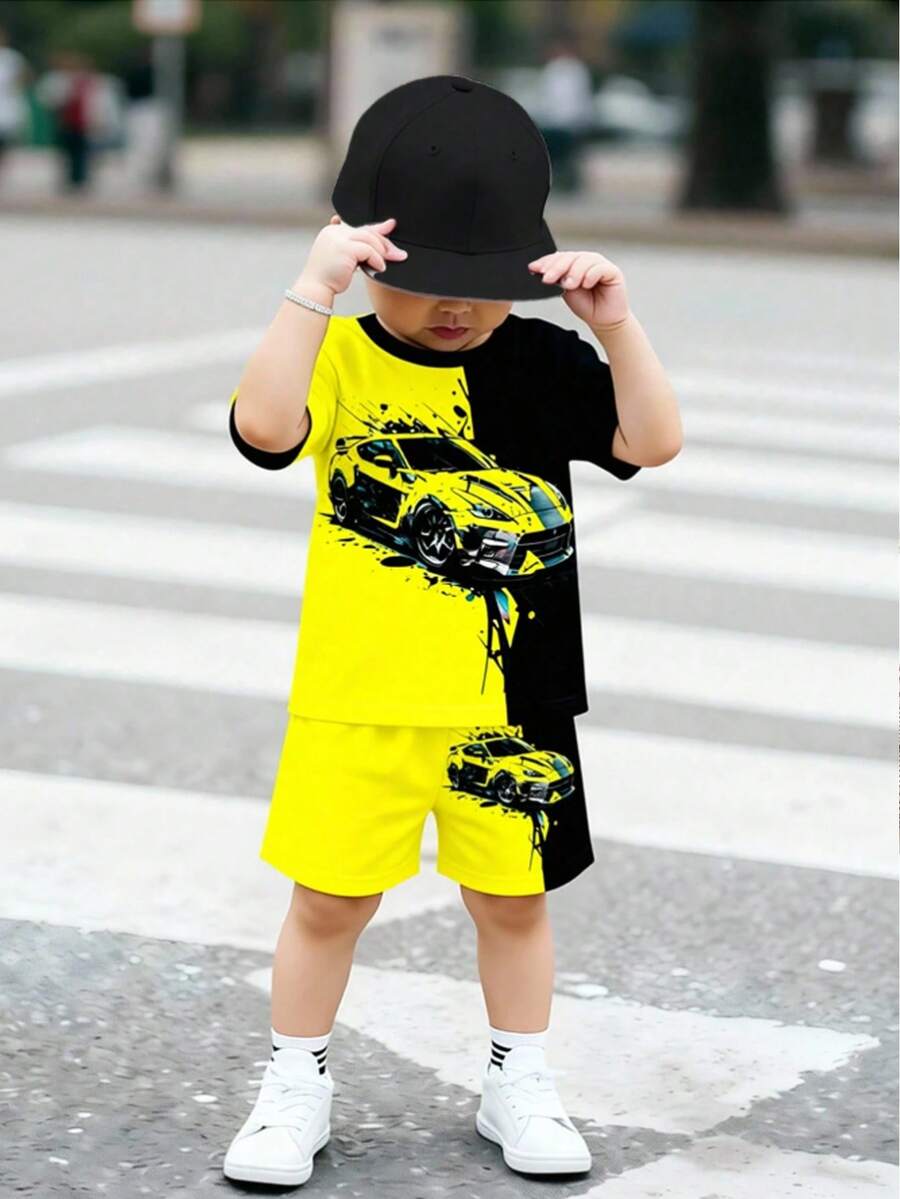 Set de 2 piezas de camiseta con estampado de coche y pantalones cortos para niños pequeños, estampado digital en negro y amarillo, conjunto de ropa casual y de moda para niños, adecuado para usar en verano, primavera y todas las estaciones, estilo callejero limón amarillo - Multicolor - Ver 1