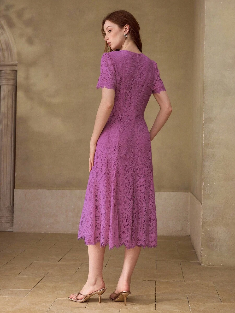 MOTF PREMIUM SUMMER NEW DIAMOND DECOR PEARL ROUND NECK LACE DRESS, HIGH-END ELEGANT LACE RHINESTONE MERMAID DRESS FOR WOMEN - Purple - View 2