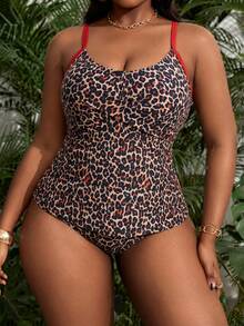 Swim Lushoire Plus Size Women Leopard Print Sling Backless Tankini Swimwear Set, Vacation Beach - Red - View 3