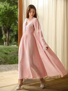 MOTF PREMIUM 2PCS ELEGANT LACE ROMANTIC PATCHWORK NIGHTGOWN & CASUAL LUXURY LACE TRIM ROBE SET - Pink - View 3