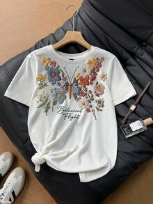 Divinelle Women's Casual Minimalist Round Neck Short Sleeve Loose T-Shirt, Butterfly Print, Women's Summer Clothing Travel White Floral - Multicolor - View 6