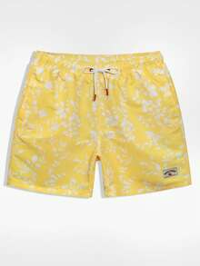 Manfinity Swimmode 男士花卉印花抽繩腰休閒沙灘短褲，度假海邊夏威夷熱帶泳褲，情侶約會度假款 - 黃色 - 查看 3