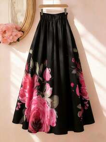 GlowEve CURVE Plus Size Women's Elegant Floral Print A-Line Skirt, Summer - Black - View 2