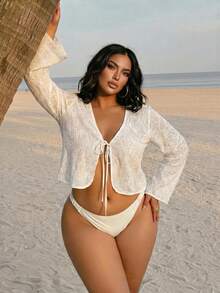 Swim SXY Plus Size Solid Color V-Neck Long Sleeve Casual Sexy Short Kimono, Summer Beach White - Red - View 1