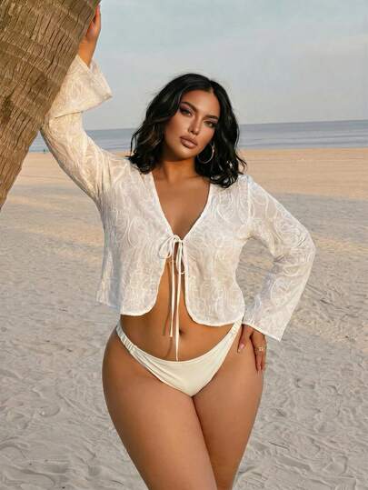 Swim SXY Kimono corto casual de manga larga y cuello en V de unicolor, talla grande, para verano