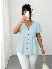 Elenzga Plus Size Bamboo Knot V-Neck Casual Solid Color Short Sleeve Blouse - Blue - View 5
