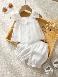 SHEIN Newborn Baby Cute Minimalist Elegant White Top And Ruffle Shorts Set, Suitable For Parties - White - View 7