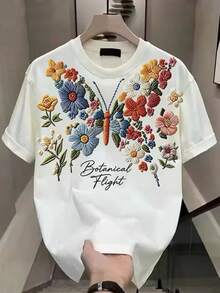Divinelle Women's Casual Minimalist Round Neck Short Sleeve Loose T-Shirt, Butterfly Print, Women's Summer Clothing Travel White Floral - Multicolor - View 2
