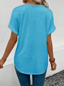 EMERY ROSE Kaos Wanita Lengan Pendek Leher V Warna Polos, Kasual dan Serbaguna - Biru - View 2