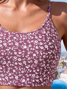 Swim Basics 女士两件套碎花吊带背心上衣和高腰三角比基尼泳裤套装，度假休闲款 - 彩色 - 查看 4