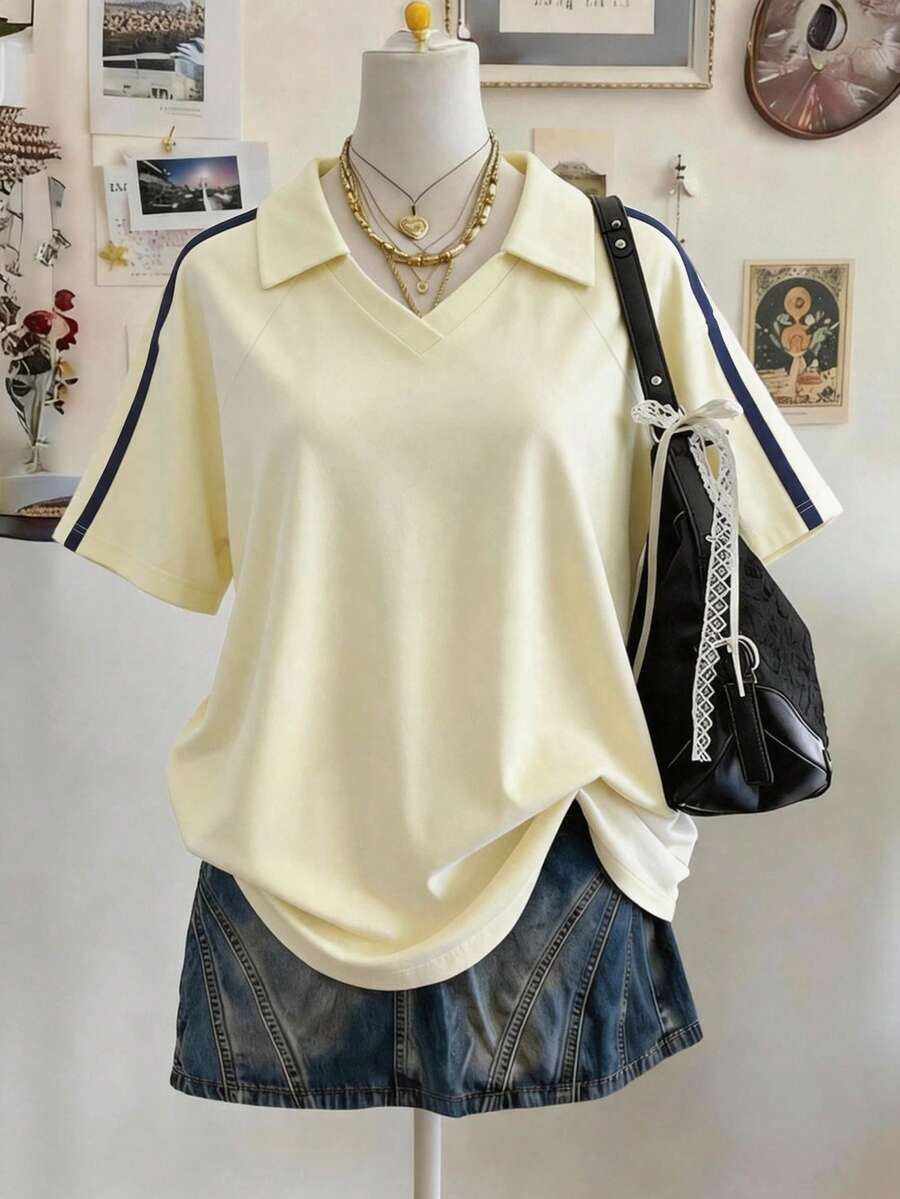 Lalippa 编织肩带设计时尚简约女式V领落肩短袖T恤,送朋友的礼物 - 杏色 - 查看 1