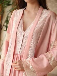 MOTF PREMIUM 2PCS ELEGANT LACE ROMANTIC PATCHWORK NIGHTGOWN & CASUAL LUXURY LACE TRIM ROBE SET - Pink - View 4