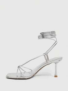 CUCCOO SZL Giày sandal cao gót nữ mùa hè mới, màu vàng ánh kim, quai chéo, thời trang, thanh lịch, gót nhọn, mũi vuông, hở mũi. - Bạc - Xem 5