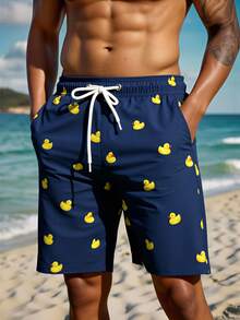 Manfinity Swimmode 男款抽繩腰卡通印花休閒百搭海灘短褲，度假款 - 藏蓝色 - 查看 3