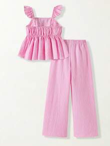 SHEIN Casuvi Kids Top de tirantes ajustado de estilo casual de vacaciones en color amarillo para niñas, blusas de verano, de ajuste suave y delgado, diseño de moda adecuado para vacaciones, viajes, campus y uso diario - Rosa - Ver 2