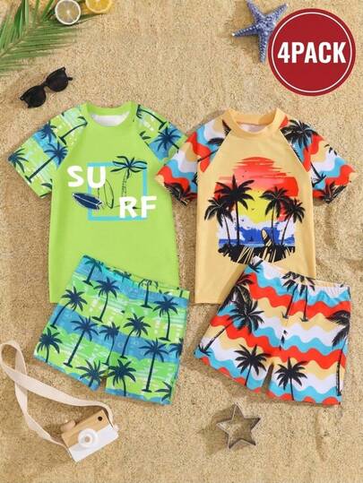 SHEIN Tween Boys 2-Piece Casual Swimwear Set, Tropical Palm Tree Pattern, Tight Fit Rash Guard Top And Adjustable Swim Trunks, Kids Clothing, Suitable For Outdoor Swimming, Beach Play, Vacation, All Seasons