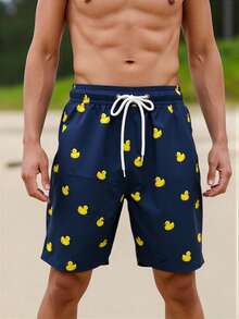 Manfinity Swimmode 男款抽繩腰卡通印花休閒百搭海灘短褲，度假款 - 藏蓝色 - 查看 4