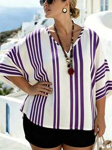 EMERY ROSE Plus Size V-Neck Batwing White Vacation Chiffon Cover Up Formal Vacation Summer Casual - Purple - View 5