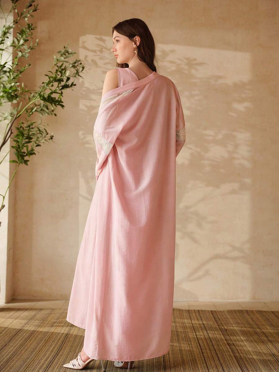 MOTF PREMIUM 2 PIEZAS CONJUNTO DE CAMISÓN ROMÁNTICO DE ENCAJE ELEGANTE Y BATA DE LUJO CON RIBETE DE ENCAJE - Rosa - Ver 2