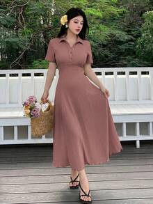 Modelyn Women's Solid Color Knit Mid-Length Dress Polo Lapel Partial Button Placket Crinkle Wrinkle Textured Fabric Vacation Resort Casual Wear Summer Dresses - Dusty Pink - View 6