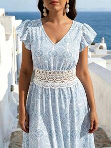 SHEIN LUNE Plus Size Women's Summer Floral Print Bohemian Boho V-Neck Ruffle Sleeve Fitted Sheer Lace Waist A-Line Midi Casual Vacation Beach Dress White - Blue and White - View 5