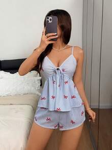 Napfluff Women's Cute Bow Striped Print Drawstring Tie Front Camisole Top And Shorts Pajama Set - Multicolor - View 5