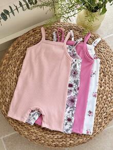SHEIN LMoss Kids 4件套女婴针织纯色和碎花吊带连体衣套装 - 彩色 - 查看 2